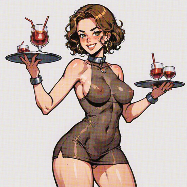 Hazel fetching the guests drinks  at the bondage cafe